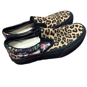 Vans Classic Slip-On Leopard Floral Print Canvas Sneakers Black Tan Shoes